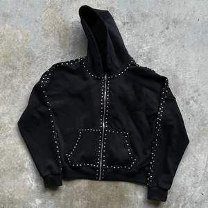 เสื้อฮู้ดดี้พิมพ์ลายเพชรคุณภาพสูง ซิปหน้า สกรีนโลโก้ได้ ผ้าคอตตอนหวี 100% หนานุ่ม ซักย้อมสีแบบแอซิดวอช สไตล์สตรีทแวร์สำหรับผู้ชาย - Product Image 1