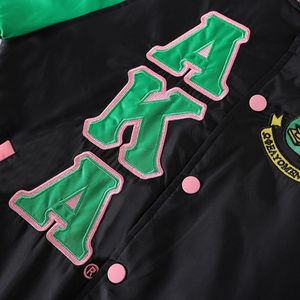 AKA Black Green <b>Pink</b> Varsity Bomber <b>Jacket</b> Women's Satin Letterman Outerwear With Embroidered Greek Style Design - Product Image 5