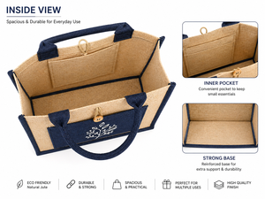 Sac fourre-tout en jute laminé bicolore avec deux poignées, poche avant, fermeture à bouton, écologique, réutilisable, pour les courses, les courses alimentaires, la plage - Product Image 2