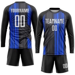 ชุดเสื้อฟุตบอลสีดำน้ำเงินแบบกำหนดเองขายดีที่สุด ผลิตจากโพลีเอสเตอร์ 100% ผ้าตาข่ายระบายอากาศ แห้งเร็ว พร้อมปักโลโก้ ชื่อ และหมายเลขตามสั่ง OEM - Product Image 6