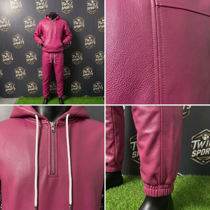 Men Pu Leather Tracksuit Set Zip-up Hooded Jacket Jogging <b>Pants</b> Drawstring Closure Sportswear Two Piece Leather Tracksuit Set - Product Image 6