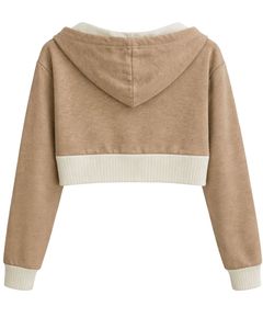 Sudadera con capucha corta para mujer, con cremallera, color marrón canela y bloques de color de felpa de algodón, estilo casual y urbano. - Product Image 2