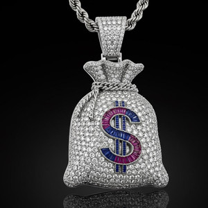 Pendentif entièrement serti de pierres en argent S925, style Hip Hop, personnalisé, motif sac d'argent, pour femme, serti clos, Moissanite VVS, pour rappeur - Product Image 1