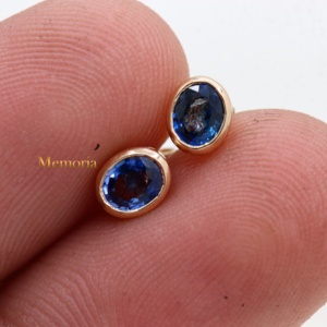 Wholesale 14k Yellow Gold Natural Oval <b>Blue</b> <b>Sapphire</b> Bezel Stud <b>Earrings</b> Memoria Jewels - Product Image 6