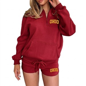 Ensemble 2 pièces décontracté athleisure pour femme : haut à col rond et demi-zip à manches longues, et short – 100 % coton molletonné, imperméable, respirant et écologique - Product Image 1