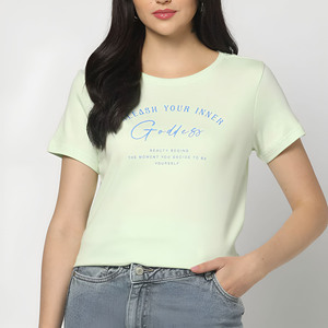 Crop top vert clair pour femme, col rond, manches courtes, en jersey de coton, imprimé lettres, style décontracté, printemps-été, best-seller - Product Image 1