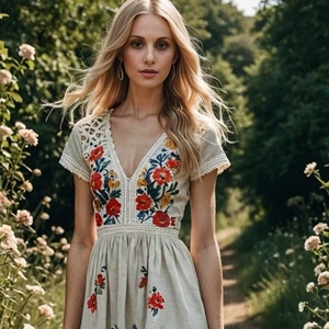 Elegante Vestido Maxi de Lino con Bordado Floral Estilo Boho-Chic, Vestido de Verano con Cuello en V y Corte en A de Inspiración Vintage con Encaje de Crochet - Product Image 1