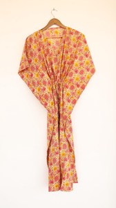 <b>Boho</b> Chic Hand Block Floral Print Pink Kaftan Maxi <b>Dress</b> V-neck Women’s Relaxed Fit Cotton Casual <b>Summer</b> <b>dress</b> - Product Image 3
