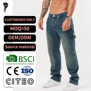 Nouvelle Arrivée Pantalon Homme Double Genou Personnalisé Bleu Pierre Délavé Jean Carpenter Ample en Denim Vente en Gros - Product Image 1