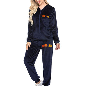 Ensemble de survêtement coupe-vent à capuche en coton vintage personnalisé pour femme, avec broderie en dentelle et détails passepoilés, vêtements de sport d'hiver à fermeture éclair, OEM, couleur unie - Product Image 1