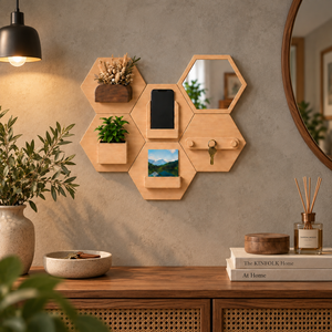 Support mural moderne en bois pour téléphone, support hexagonal en bois de pin pour téléphone, organisateur pour chambre à coucher, entrée, salon, décoration de la maison - Product Image 6