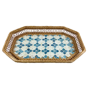 Bandeja Octogonal de MDF con Incrustaciones de Capiz, Hecha a Mano, Sostenible, Duradera, Elegante, Vintage, Rústica, con Patrón de Mosaico Azul y Marco de Ratán, Decoración para el Hogar - Product Image 1