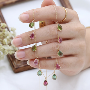 สร้อยคอผู้หญิงทำมือสไตล์โบโฮประดับพลอยทัวร์มาลีนหลากสีทรงลูกแพร์คุณภาพสูงจากธรรมชาติ ตัวเรือนทองคำแท้ 18k ของขวัญเครื่องประดับ - Product Image 3