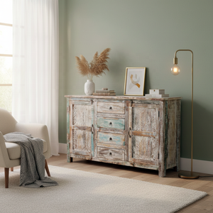 Whitewashed Solid Wood Reclaimed Wood Sideboard 2 Door 4 Drawer Large Durable <b>Storage</b> <b>Cabinet</b> Rustic Farmhouse Buffet Distressed - Product Image 5