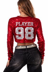 Camiseta Deportiva de Fútbol Americano con Lentejuelas, Estilo Y2K, Personalizada para Mujer, Manga Larga, Cuello en V, Brillante y Festiva - Product Image 3