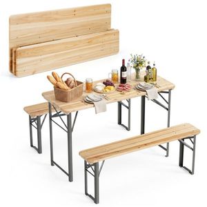 47\" Solid Fir Wood Outdoor Dining Set with 2 <b>Foldable</b> Benches Sturdy Metal Frame Picnic <b>Table</b> for Patio <b>Garden</b> or Backyard - Product Image 1