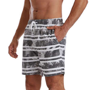 Shorts de bain décontractés pour hommes, gris uni, tricotés, séchage rapide, taille élastique, avec cordon de serrage et poches latérales - Product Image 3
