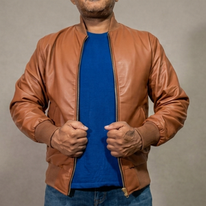 Blouson en cuir style High Street pour homme, durable et élégant avec surpiqûres contrastées, fermeture éclair, veste homme de haute qualité - Product Image 1