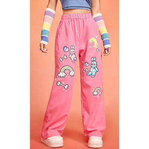 Pantalones Anchos Rosas con Estampado de Dibujos Animados, Cintura Alta Elástica, Estilo Y2K, Pantalones Holgados de Poliéster Transpirable para Mujer - Product Image 1