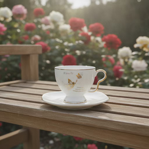 Ensemble tasse et soucoupe à café en céramique dorée avec motif fille aux ailes et papillon, bordure et anse dorées - Product Image 1