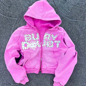 Customized Unisex Winter Oversized Hoodie Zipper Front Glitter Print Rhinestone Digital Printing Streetwear French Terry Cotton - Product Image 6