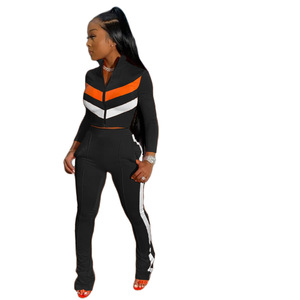 Ensemble de survêtement sportif 2 pièces pour femme, noir, orange, blanc, color block, haut court zippé à manches longues, pantalon coupe droite, toutes saisons - Product Image 1