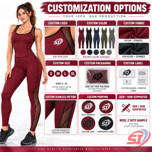 Custom Women Wine Red 2 Piece Yoga Set Criss Cross Strap Front Logo <b>Mesh</b> Detail Performance Top and High Waist Fitness <b>Leggings</b> - Product Image 6