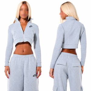 Women <b>Cropped</b> <b>Zip</b>-<b>Up</b> Sweatshirt Full Sleeve Solid Gray Cotton Blend Stand Collar Breathable Casual Streetwear Top Manufacturer - Product Image 1