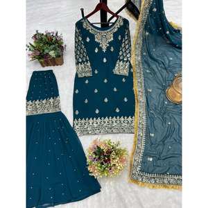 Hermoso Top Azul JL para Fiesta con Sharara y Dupatta con Trabajo de Lentejuelas, Talla XL - Product Image 5