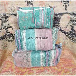 Block Print Kantha Floral Tassel Zipper Closure Eco-Friendly Durable Vintage Fashion Boho Lightweight Soft Handle Cosmetic <b>Bag</b> - Product Image 1