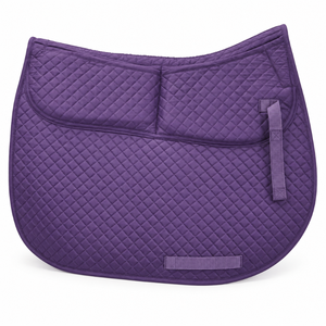 Tapis de selle matelassé violet pour cheval, avec surpiqûres losanges et sangles de fixation |   Tapis d'équitation profilé avec bordure renforcée - Product Image 1