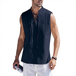 Débardeur tricoté sans manches pour homme, col rond, avec laçage frontal, couleur unie, en coton respirant, style décontracté, 100 grammes - Product Image 2