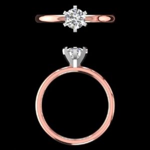 Anillo de compromiso de oro rosa con diamante de talla redonda, detalles brillantes engastados en pavé y elegante tija de catedral de cuatro puntas en oro blanco. - Product Image 1