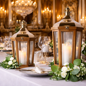 Juego de 2 Faroles de Viento de Madera Vintage para Interiores y Exteriores, Portavelas Colgantes de Madera Rústica Marrón - Product Image 2