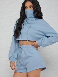 <b>Women's</b> Light Blue <b>2</b>-<b>Piece</b> Hooded Crop Top Shorts Set Casual Loose Fit Spring Summer Solid Color Fleece <b>Outfit</b> - Product Image 3