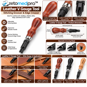 Outil à rainurer en V pour cuir, réglable, rainureur de coutures, plieur, lame en acier inoxydable, manche en bois, pour artisanat du cuir et bijoux ZETMEDPRO - Product Image 3