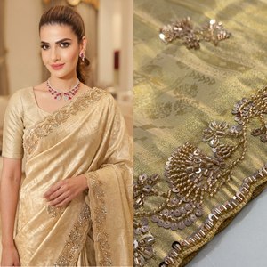 Elegant Gold Silk Saree With Embroidered Border Wedding Wear For Women India Pakistan Style Floor Length Regular Fit - Product Image 4