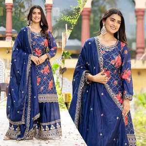 Conjunto de Salwar Kameez de Seda Azul Bordado con Estampado Floral Digital, Traje Indio Pakistaní para Bodas y Fiestas, Ropa Elegante para Mujer - Product Image 2