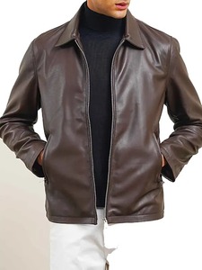 เสื้อแจ็คเก็ตหนังแท้สีน้ำตาลสำหรับผู้ชาย - Product Image 1