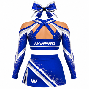 WARPRO Cheerleading Uniform Set Blue Silver <b>Rhinestone</b> Sublimation Print Long Sleeve <b>Crop</b> <b>Top</b> Skirt Adult Women - Product Image 3