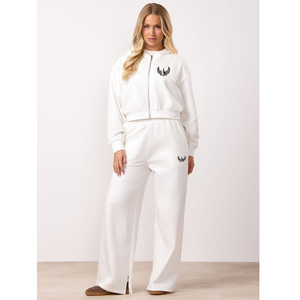 Ensemble pantalon large et sweat à capuche zippé blanc imprimé pour femme – Doux, respirant, écologique, décontracté, idéal pour la détente et le fitness - Product Image 1