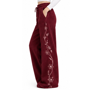 <b>Women's</b> Burgundy Wide Leg Fleece Pants High Waist Embroidered Floral Pattern <b>Loose</b> Fit Casual Sweatpants Autumn Style - Product Image 3