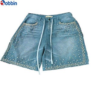 Pantalones Cortos Vaqueros Acampanados con Pedrería para Hombre, Personalizados, de Alta Calidad, Estilo Urbano, con Parches Bordados Desgastados - Product Image 3