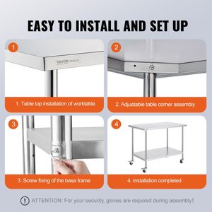 Tavolo da Lavoro in Acciaio Inox Resistente 30 X 48 X 38 Pollici, 4 Ruote, 3 Livelli di Altezza Regolabili, per Cucine Commerciali e Fabbricazioni in Acciaio - Product Image 6