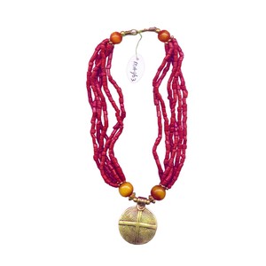 Layered Red Beaded Necklace with Round Gold Tone Pendant, Chunky Boho Ethnic Beaded Statement Jewelry for Women - Product Image 1