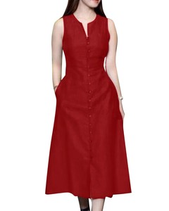 Robe midi droite décontractée sans manches, respirante, écologique, en dentelle, boutonnée sur le devant, de couleur verte, pour femmes - Product Image 1