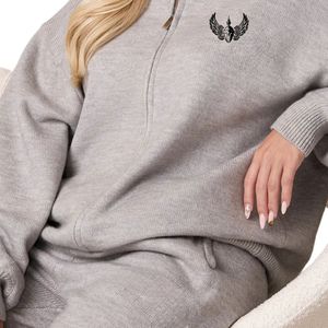 Sweat-shirt gris clair en maille à fermeture éclair intégrale, col montant respirant, coupe décontractée, manches longues, style streetwear décontracté pour femme - Product Image 3