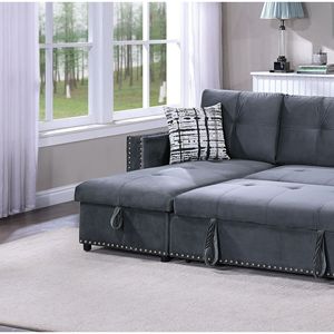 Divano Sezionale Convertibile 2 Pezzi in Velluto Grigio con Letto Estraibile, Chaise Longue Contenitore e Dettagli Trapuntati, Reversibile, per Soggiorno - Product Image 3