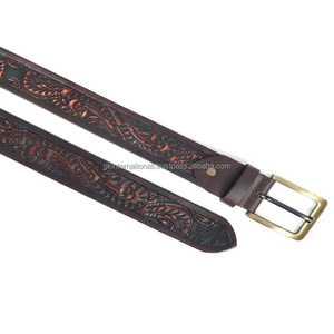 Cinturón de herramientas de cuero occidental genuino 100% tallado a mano Floral marrón oscuro Premium para hombres y mujeres con hebilla de latón - Product Image 3