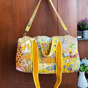 <b>Yellow</b> Floral Quilted Duffel <b>Bag</b> With Zipper Closure Large Capacity Travel Weekender Shoulder <b>Bag</b> for Weekend Trips - Product Image 1